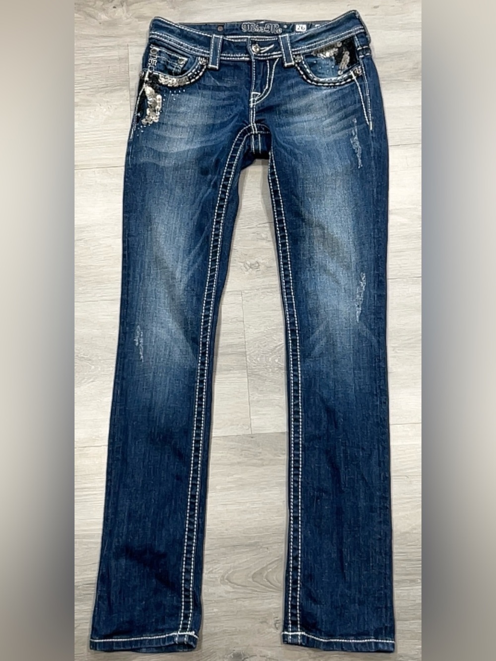 Miss Me Womens 26 Sequin Flap Pocket Low Rise Skinny Jeans Y2K Distressed